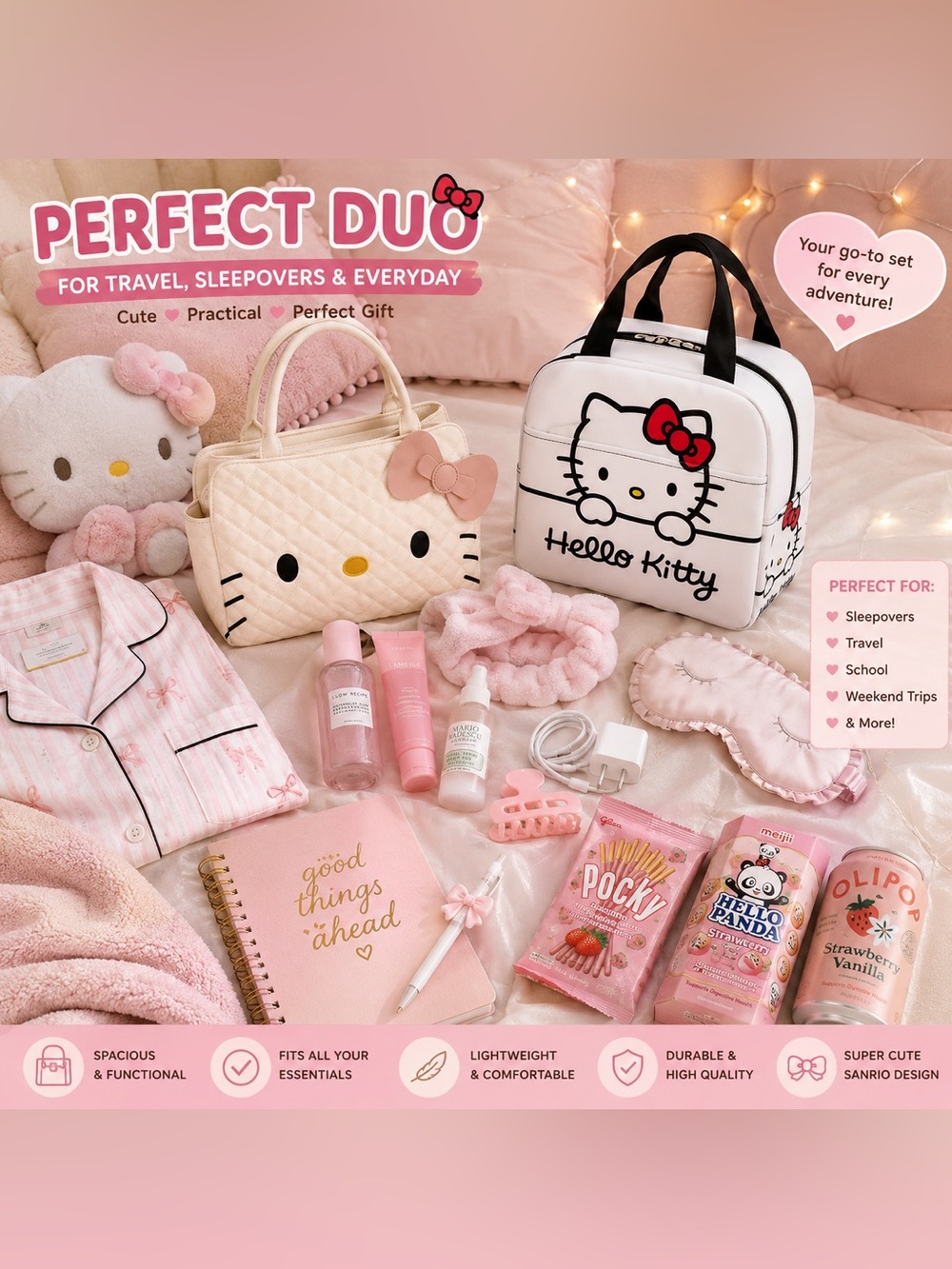 Hello Kitty Cream & Pink Quilted Satchel with Matching White Lunch Tote - Picture 6 of 9